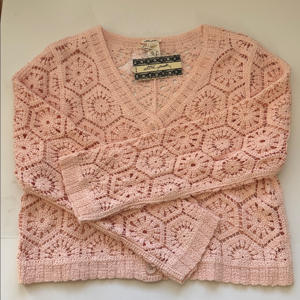 Ultra Pink Women’s Long Sleeve Crochet Cardigan Sweater Large